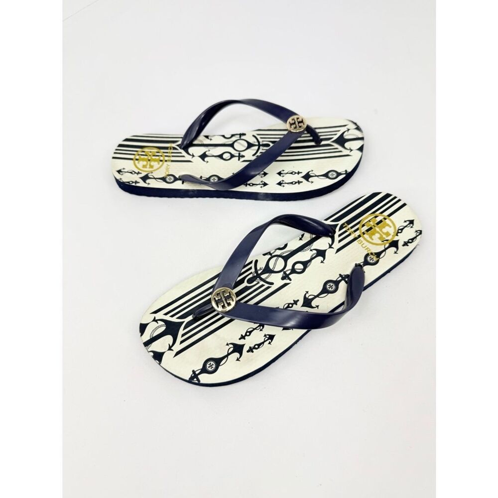 Tory Burch SEAFARER STRIPE Navy Blue White Gold Logo Nautical Thong Toe FlipFlop